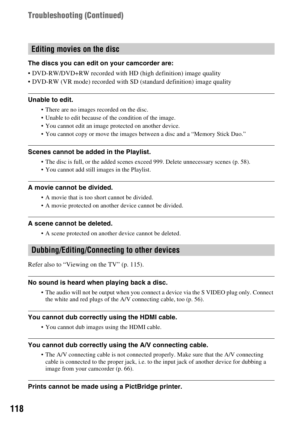 Troubleshooting (continued) | Sony HDR-UX1 User Manual | Page 118 / 155