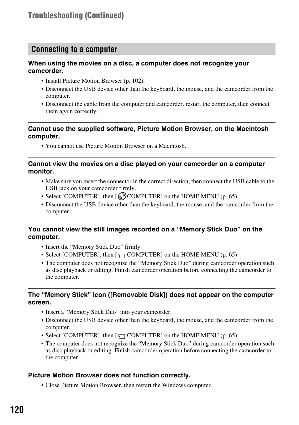 Troubleshooting (continued), Connecting to a computer | Sony HDR-UX1 User Manual | Page 120 / 155