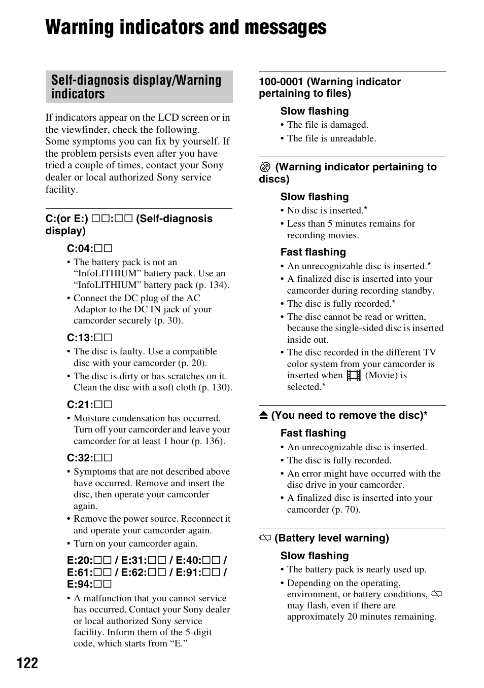 Warning indicators and messages, P. 122), Self-diagnosis display/warning indicators | Sony HDR-UX1 User Manual | Page 122 / 155