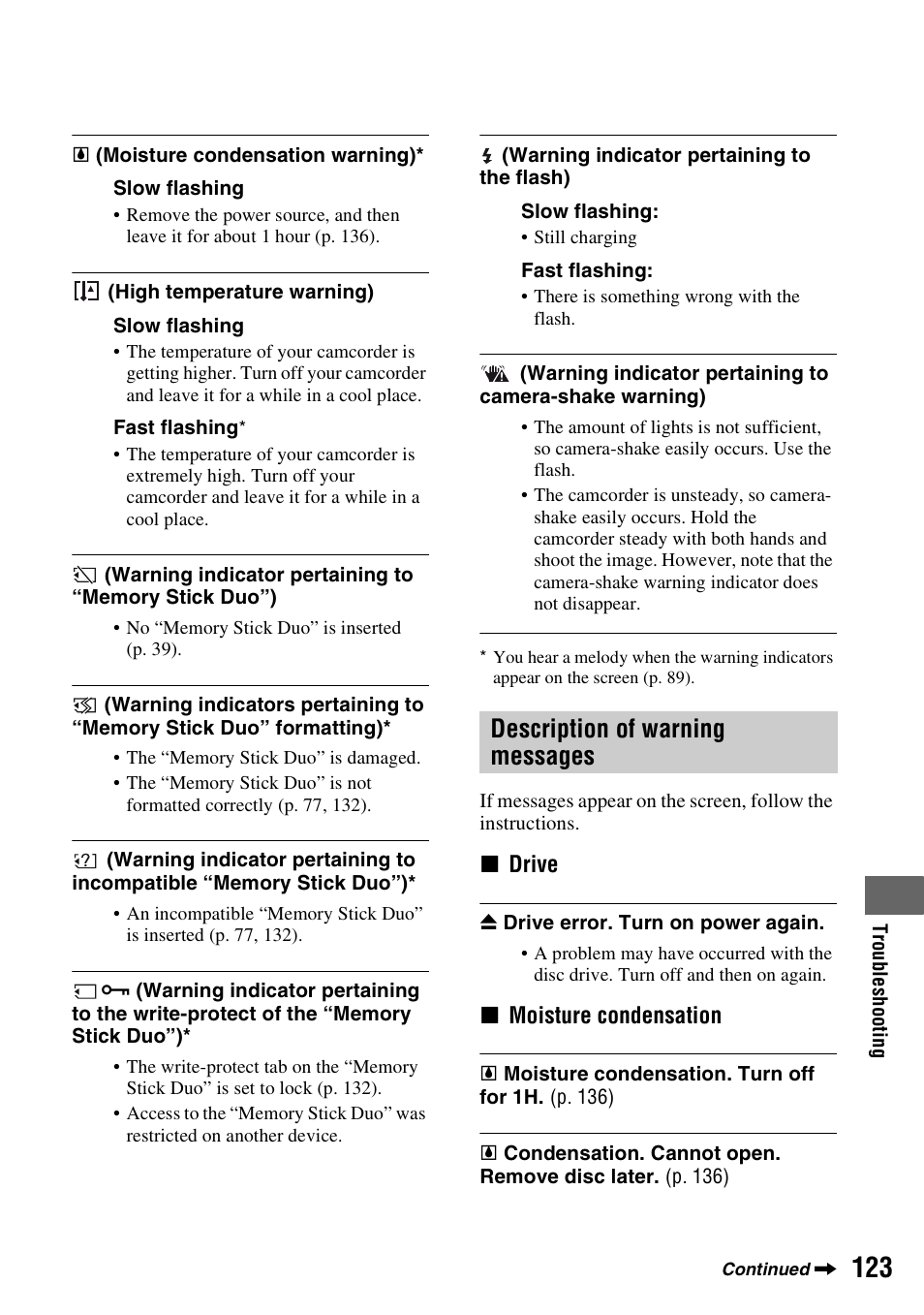 Description of warning messages | Sony HDR-UX1 User Manual | Page 123 / 155