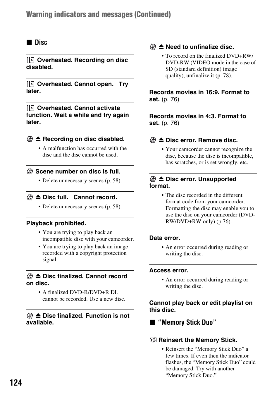 Warning indicators and messages (continued) | Sony HDR-UX1 User Manual | Page 124 / 155