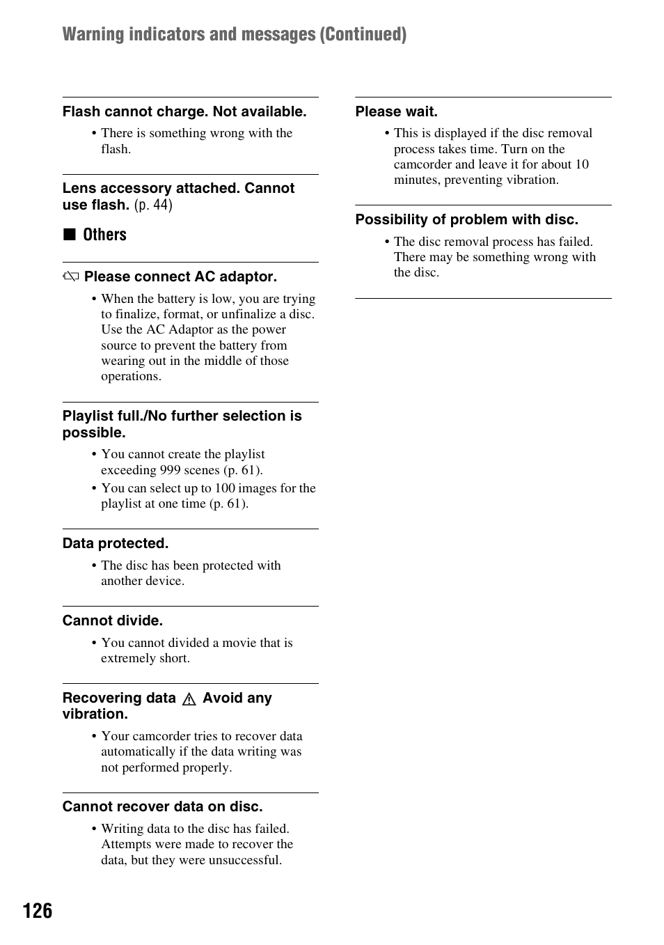 Warning indicators and messages (continued) | Sony HDR-UX1 User Manual | Page 126 / 155