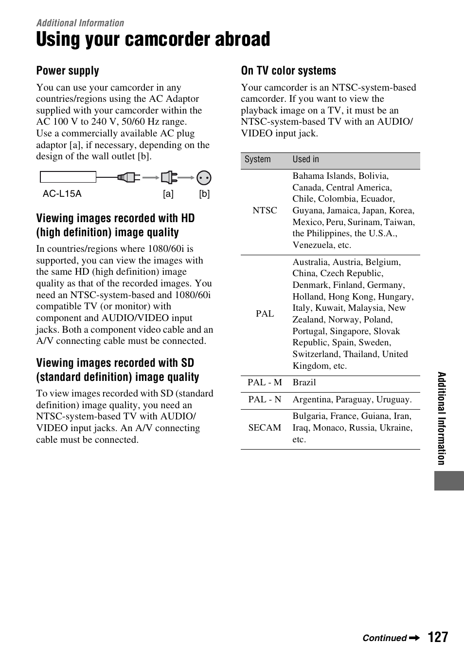 Additional information, Using your camcorder abroad | Sony HDR-UX1 User Manual | Page 127 / 155