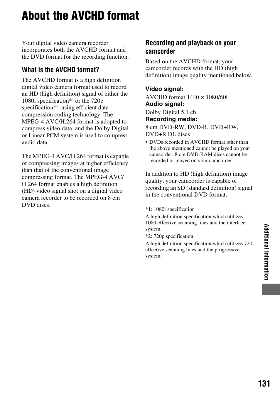 About the avchd format, P. 131) | Sony HDR-UX1 User Manual | Page 131 / 155