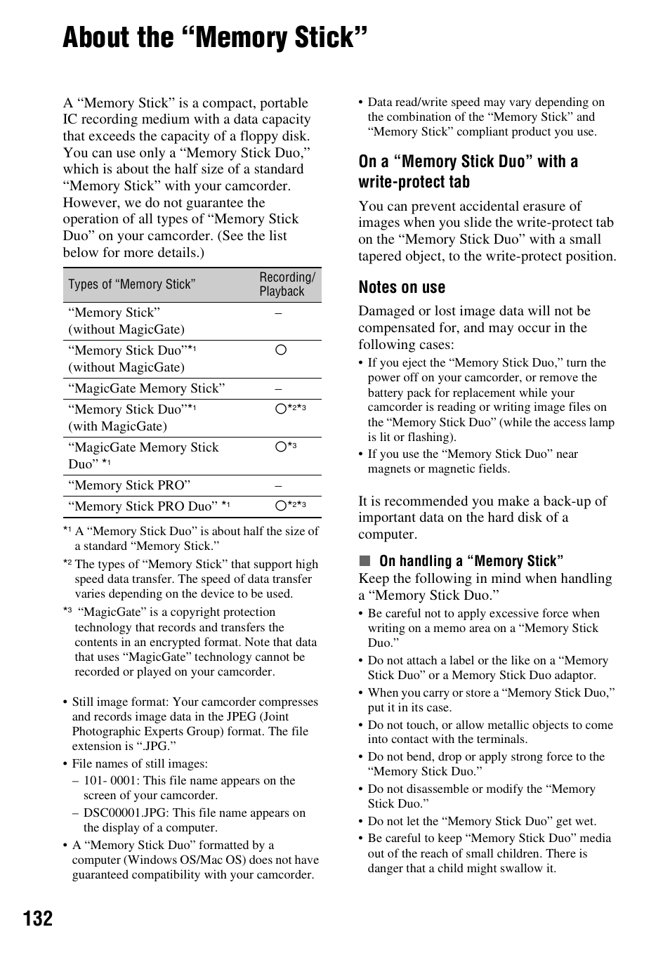 About the “memory stick, P. 132), P. 132 | Sony HDR-UX1 User Manual | Page 132 / 155