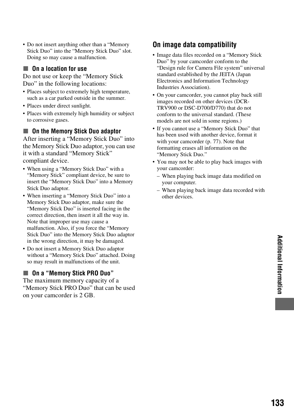 P. 133), On image data compatibility | Sony HDR-UX1 User Manual | Page 133 / 155