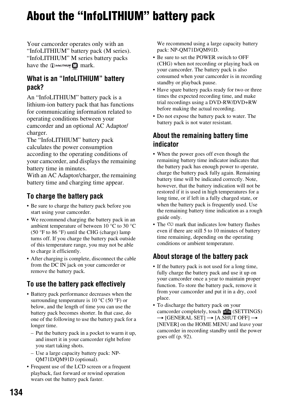 About the “infolithium” battery pack, P. 134) | Sony HDR-UX1 User Manual | Page 134 / 155