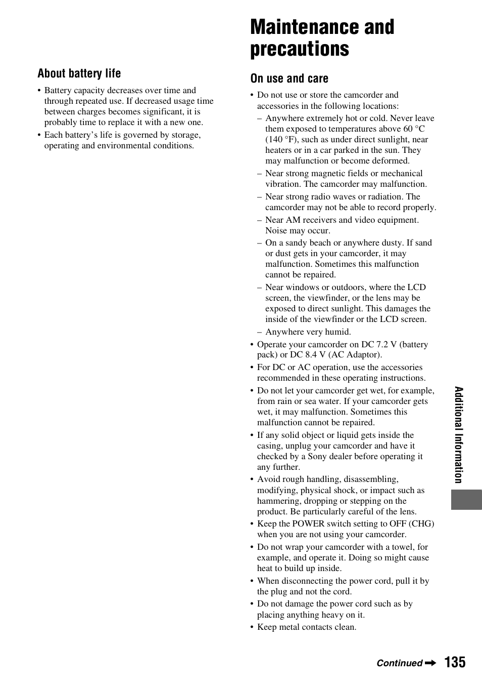 Maintenance and precautions, Maintenance and precautions” (p. 135), About battery life | On use and care | Sony HDR-UX1 User Manual | Page 135 / 155