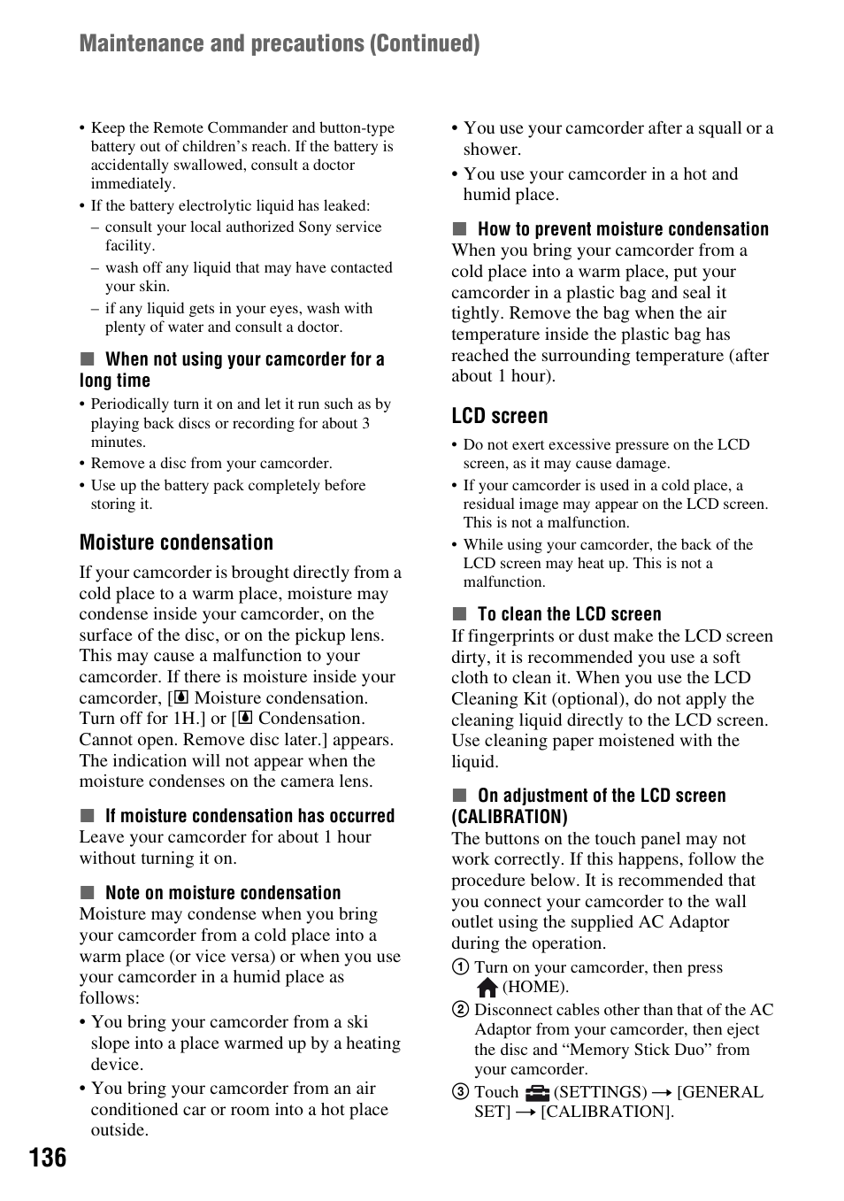 P. 136), P. 136, Maintenance and precautions (continued) | Moisture condensation, Lcd screen | Sony HDR-UX1 User Manual | Page 136 / 155