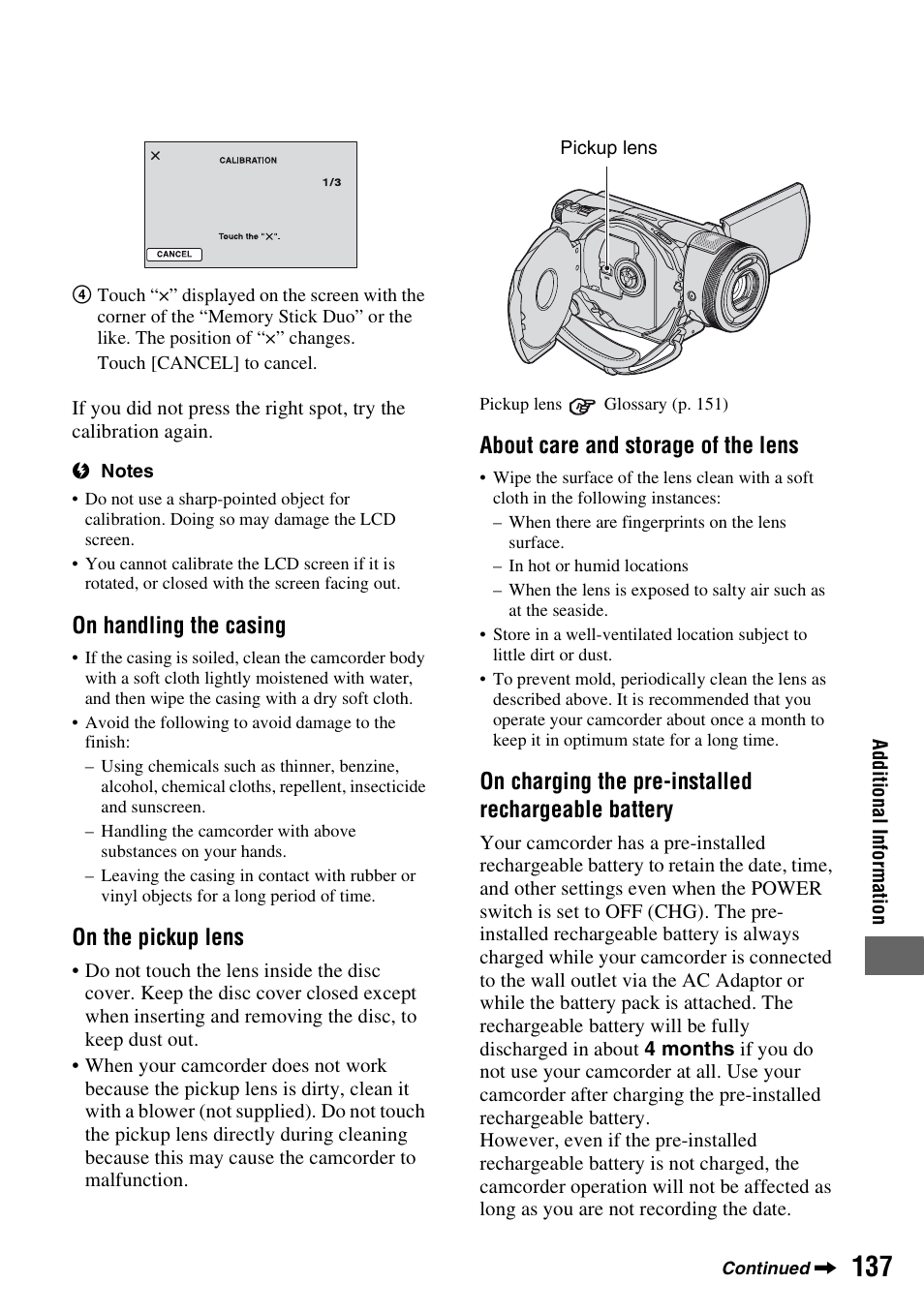 P. 137), P.137), On handling the casing | On the pickup lens, About care and storage of the lens, On charging the pre-installed rechargeable battery | Sony HDR-UX1 User Manual | Page 137 / 155