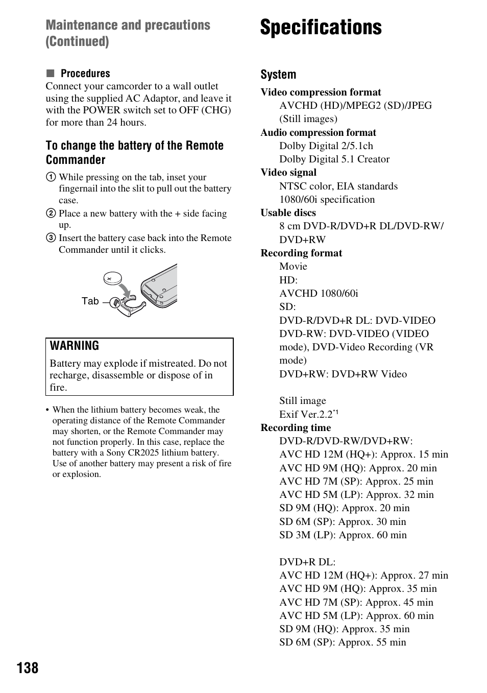 Specifications, S (p. 138), Maintenance and precautions (continued) | Sony HDR-UX1 User Manual | Page 138 / 155