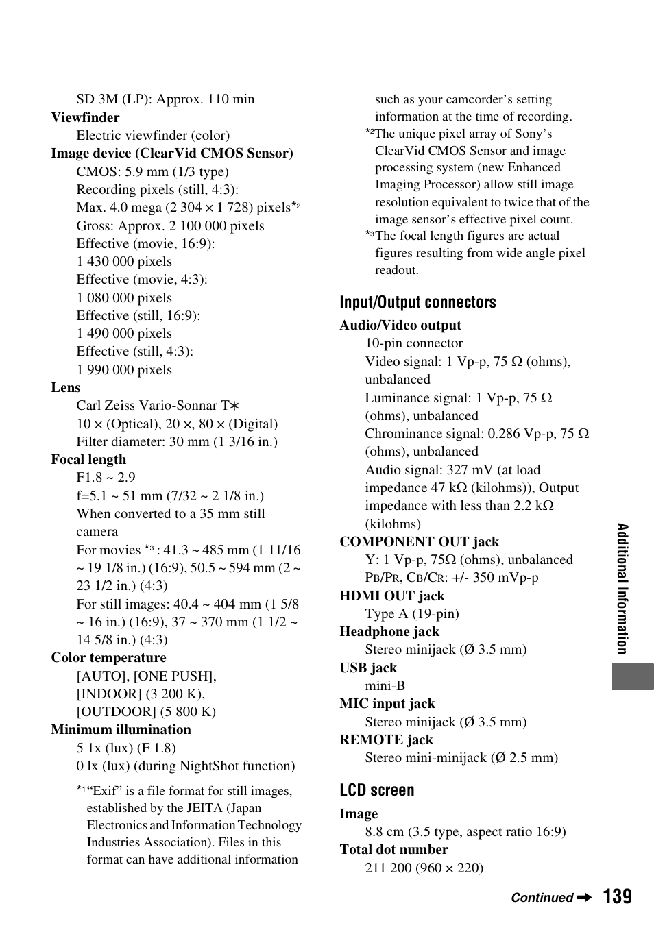 Input/output connectors, Lcd screen | Sony HDR-UX1 User Manual | Page 139 / 155