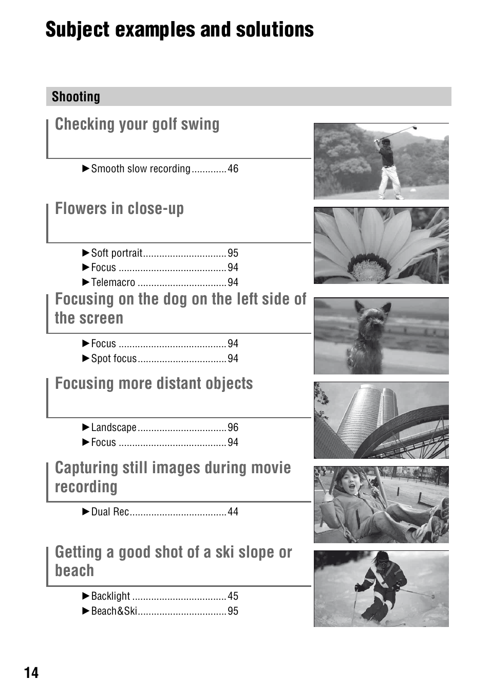 Subject examples and solutions, Checking your golf swing, Flowers in close-up | Focusing on the dog on the left side of the screen, Focusing more distant objects, Capturing still images during movie recording, Getting a good shot of a ski slope or beach | Sony HDR-UX1 User Manual | Page 14 / 155