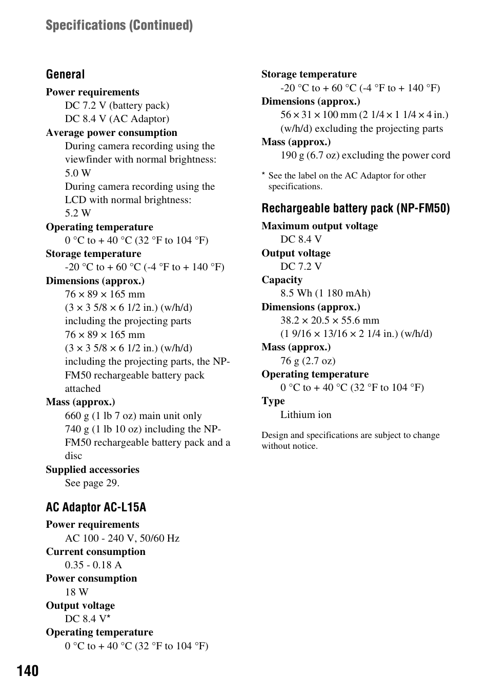 Specifications (continued) | Sony HDR-UX1 User Manual | Page 140 / 155