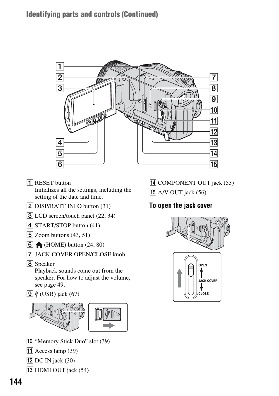 P. 144), Identifying parts and controls (continued) | Sony HDR-UX1 User Manual | Page 144 / 155