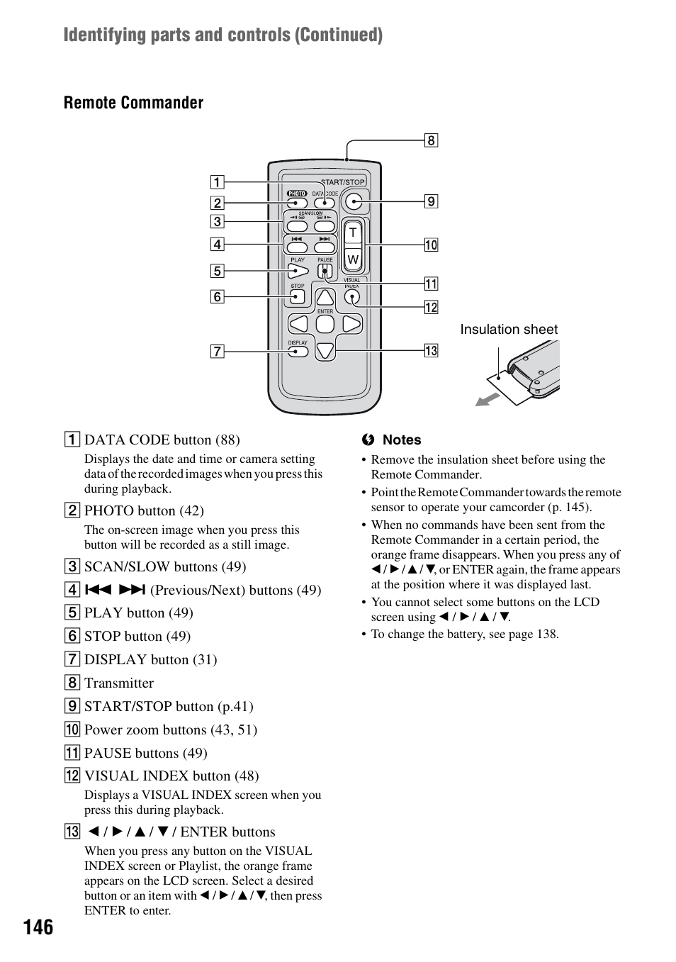 P. 146), R (p. 146), Identifying parts and controls (continued) | Remote commander | Sony HDR-UX1 User Manual | Page 146 / 155