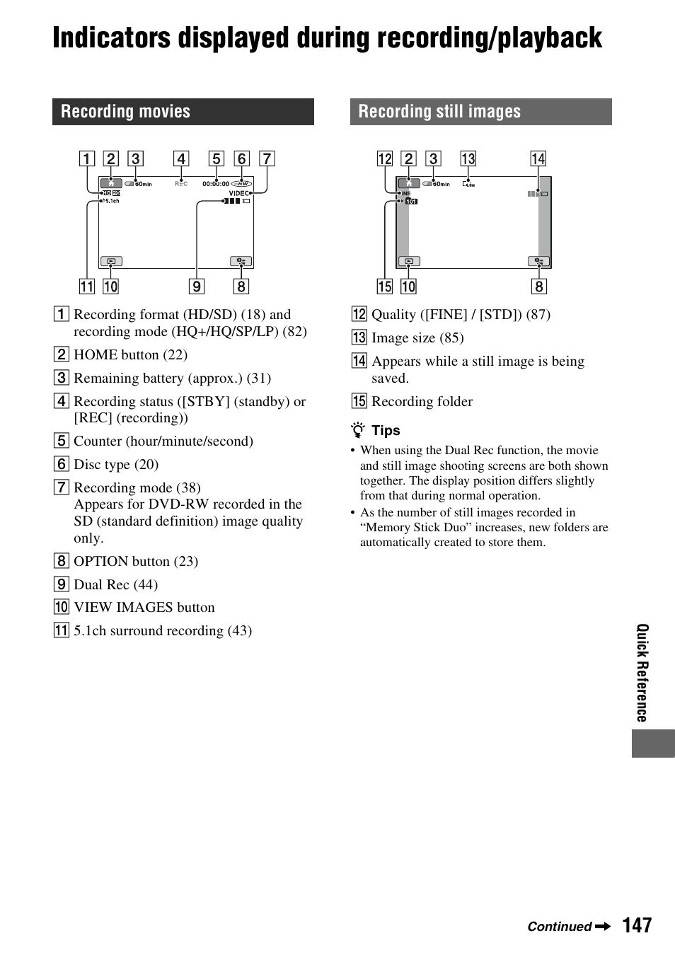 Indicators displayed during recording/playback | Sony HDR-UX1 User Manual | Page 147 / 155