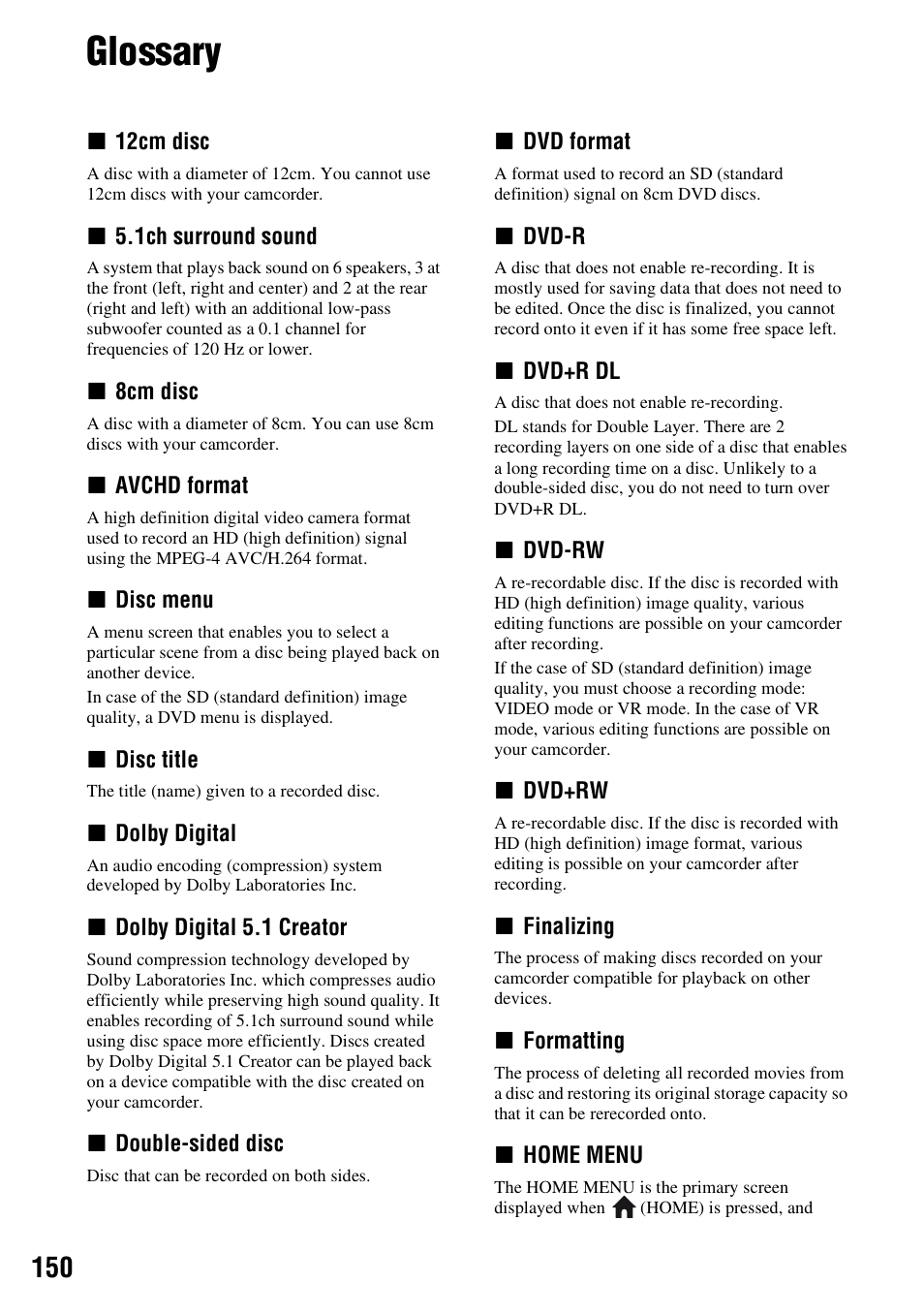 Glossary, P.150), P. 150) | Sony HDR-UX1 User Manual | Page 150 / 155