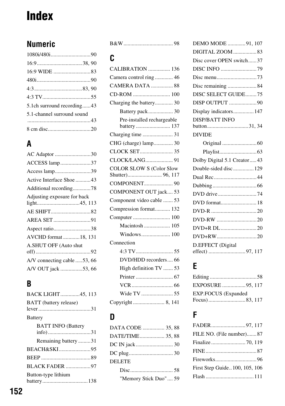 Index, Numeric | Sony HDR-UX1 User Manual | Page 152 / 155