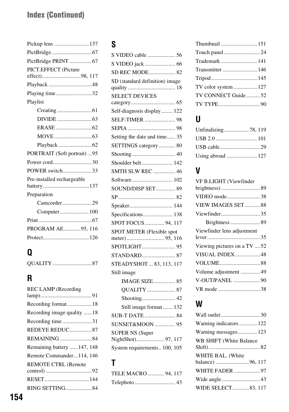 Index (continued) | Sony HDR-UX1 User Manual | Page 154 / 155