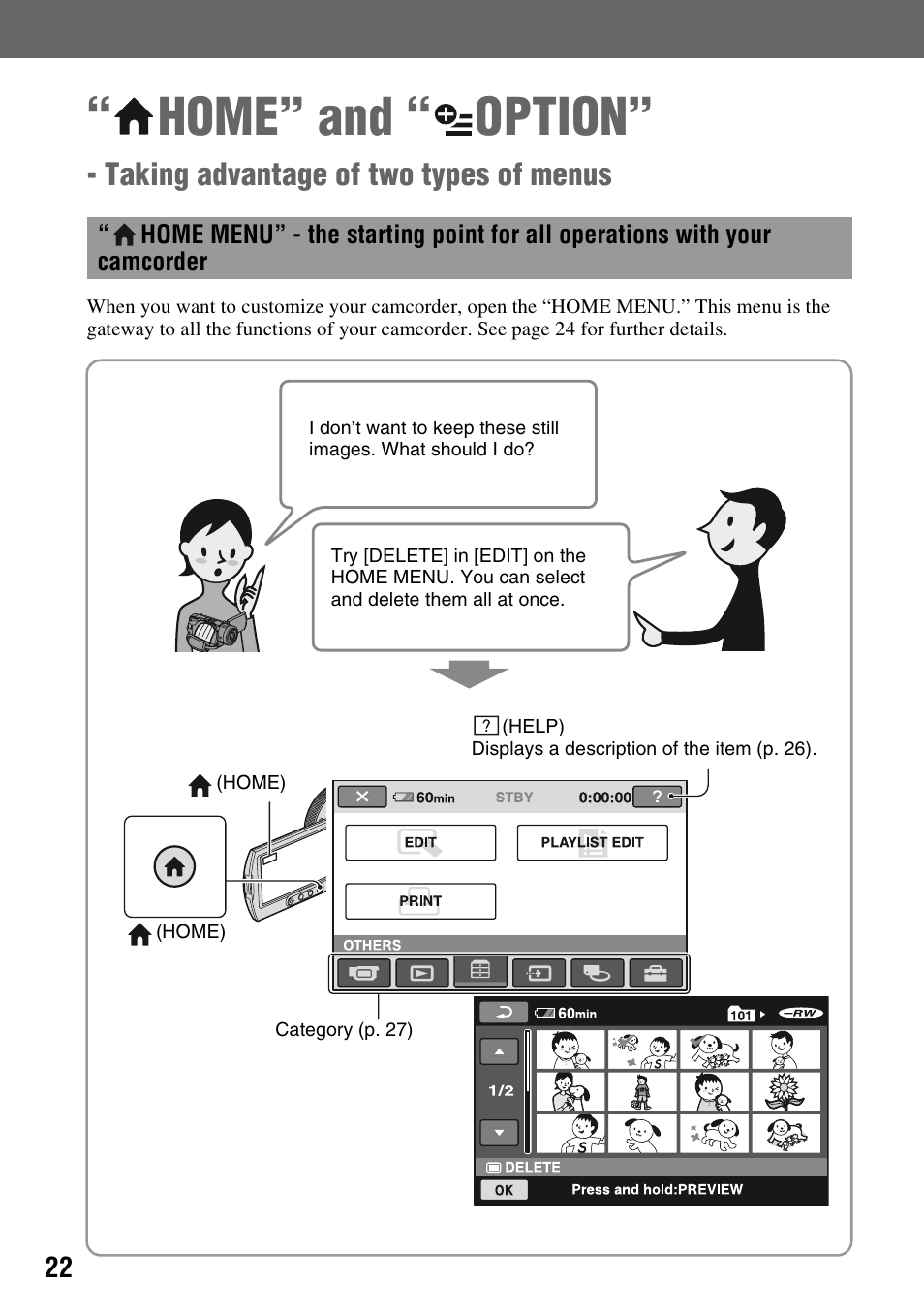 Home” and, Option, Taking advantage of two types of menus | Home” and “ option | Sony HDR-UX1 User Manual | Page 22 / 155