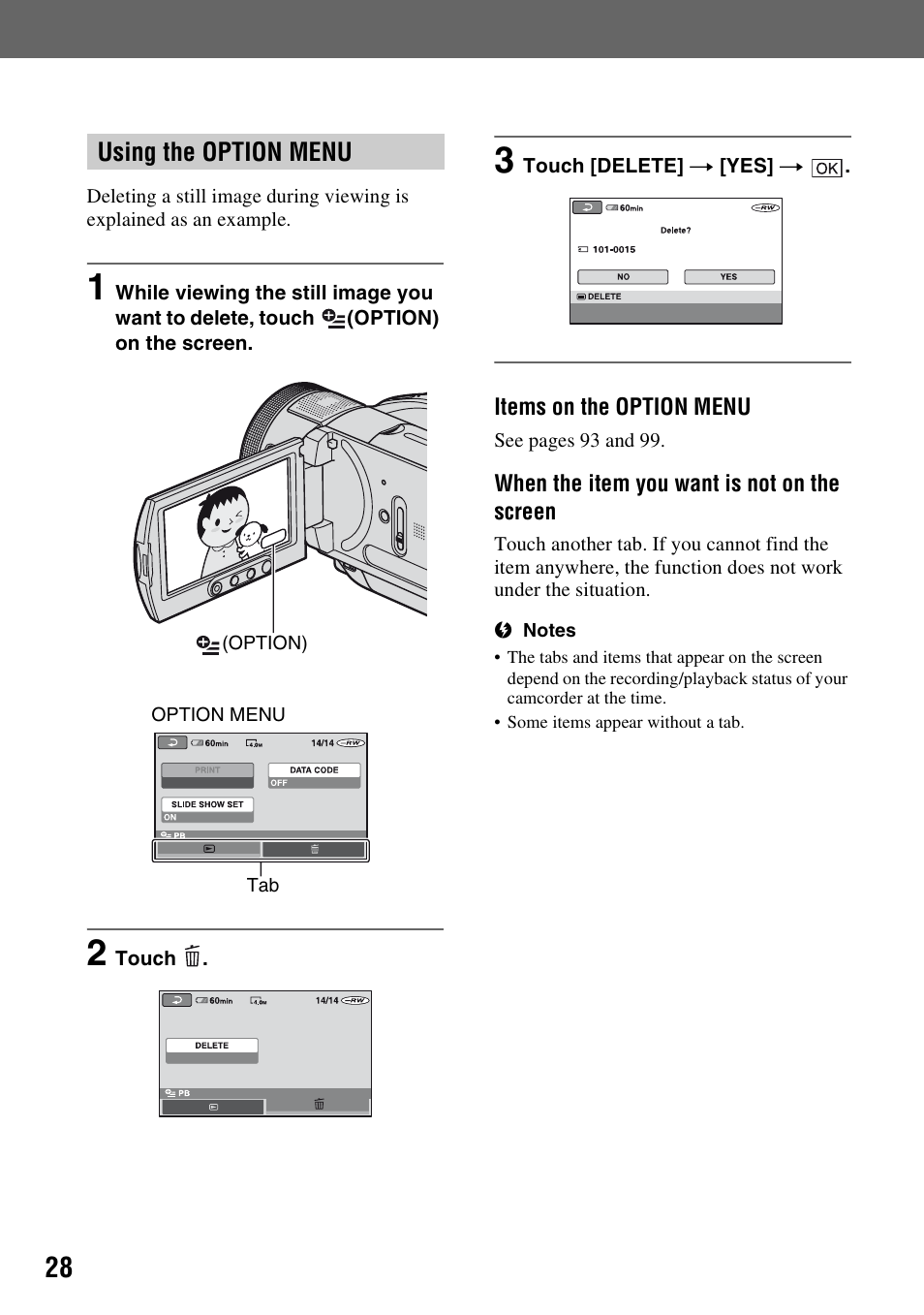 Using the option menu | Sony HDR-UX1 User Manual | Page 28 / 155