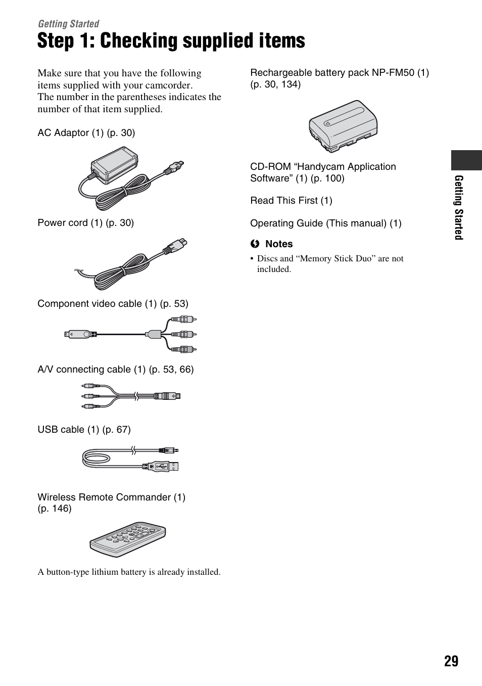 Getting started, Step 1: checking supplied items | Sony HDR-UX1 User Manual | Page 29 / 155