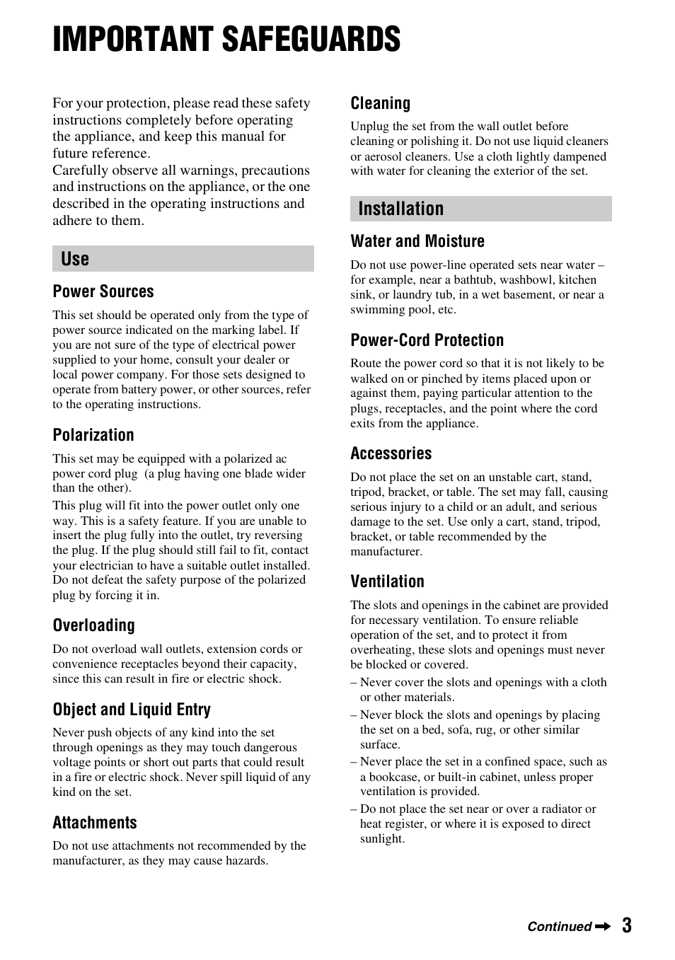 Important safeguards, Use installation | Sony HDR-UX1 User Manual | Page 3 / 155