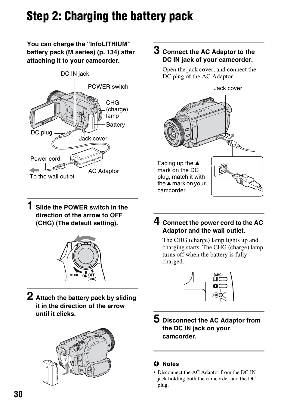 Step 2: charging the battery pack, P. 30), P. 30 | Sony HDR-UX1 User Manual | Page 30 / 155