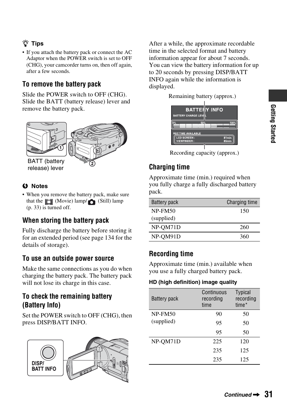 When storing the battery pack, Charging time, Recording time | Sony HDR-UX1 User Manual | Page 31 / 155