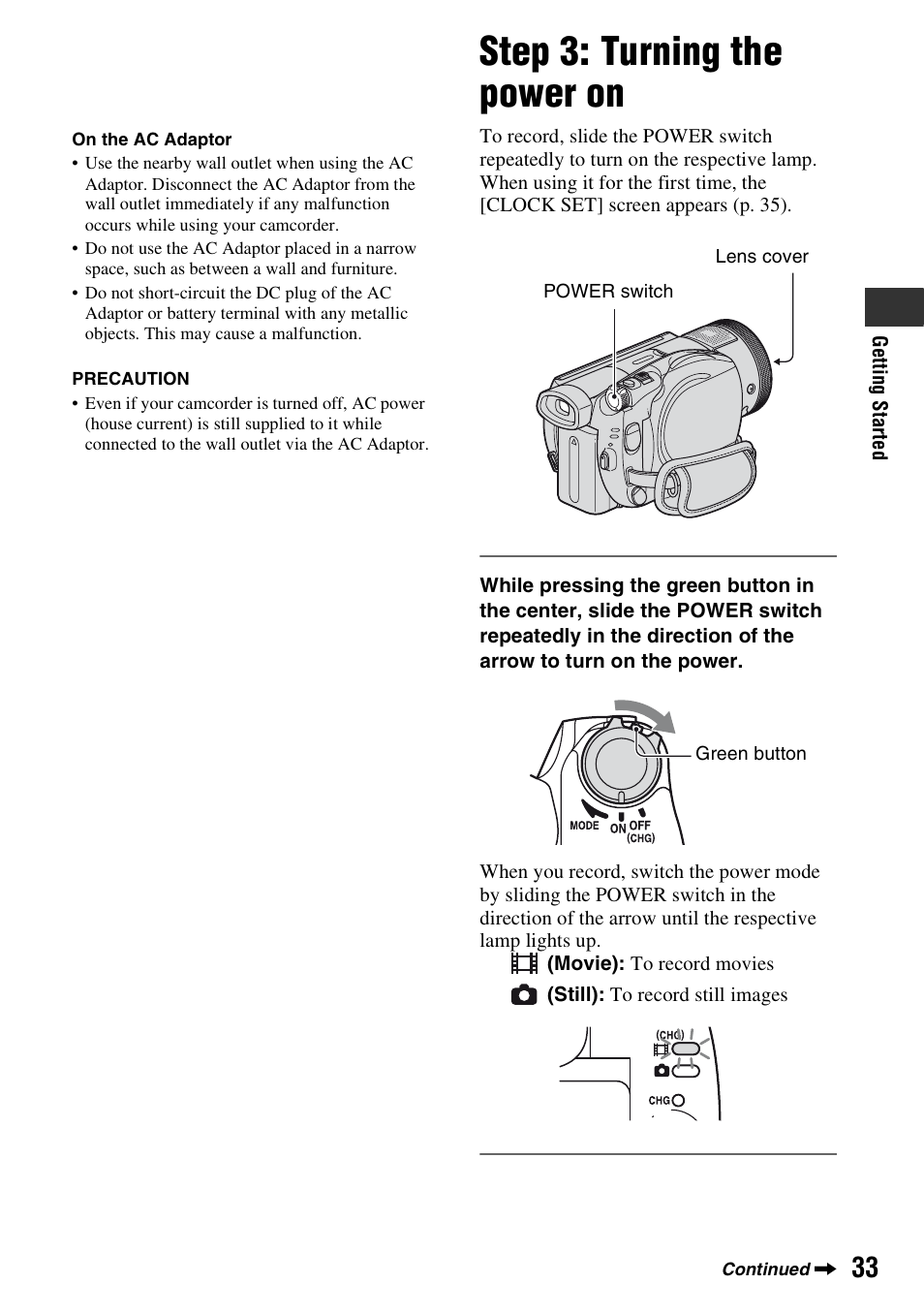 Step 3: turning the power on, P. 33) | Sony HDR-UX1 User Manual | Page 33 / 155