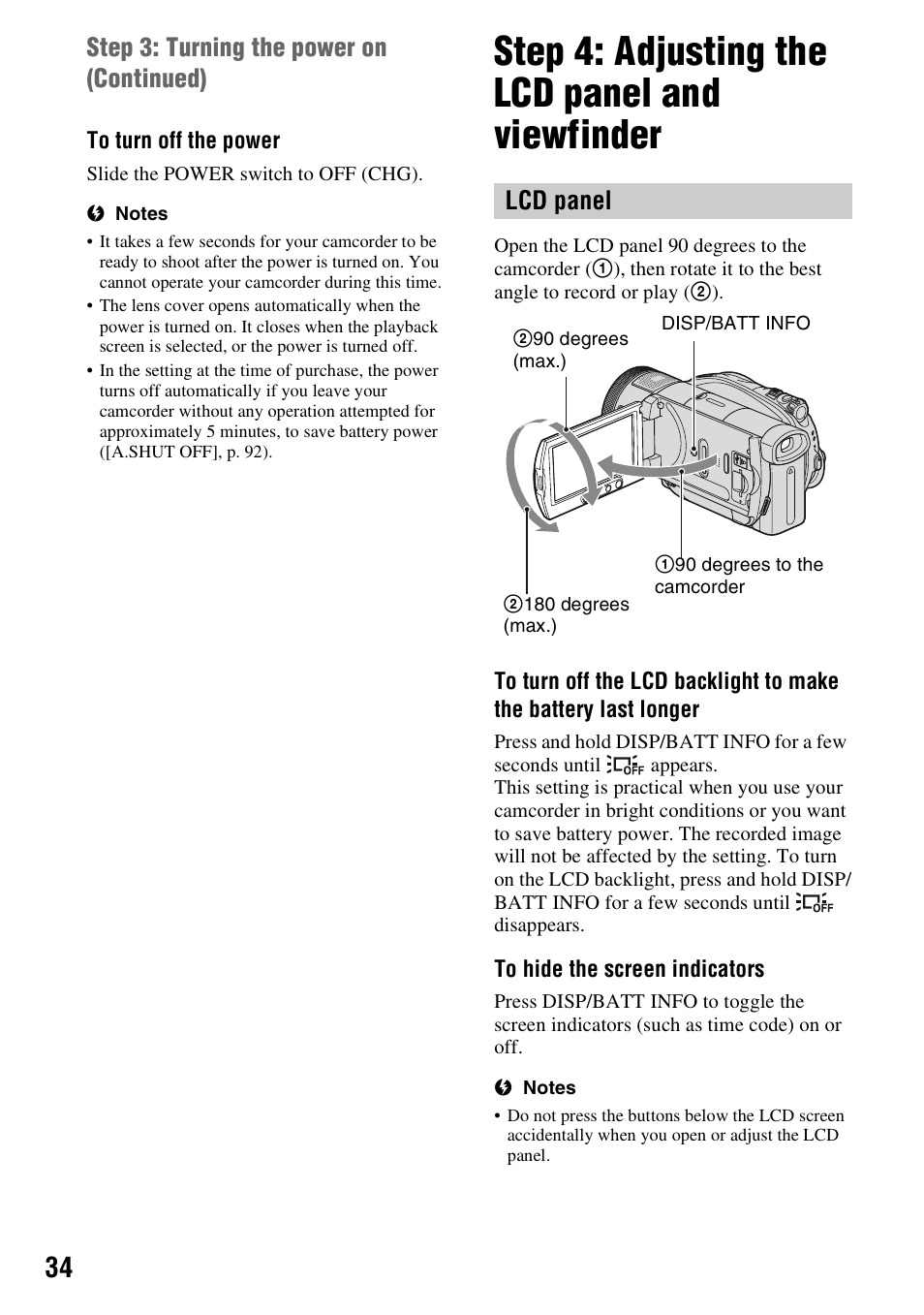 Step 4: adjusting the lcd panel and viewfinder, Lcd panel, Step 3: turning the power on (continued) | Sony HDR-UX1 User Manual | Page 34 / 155