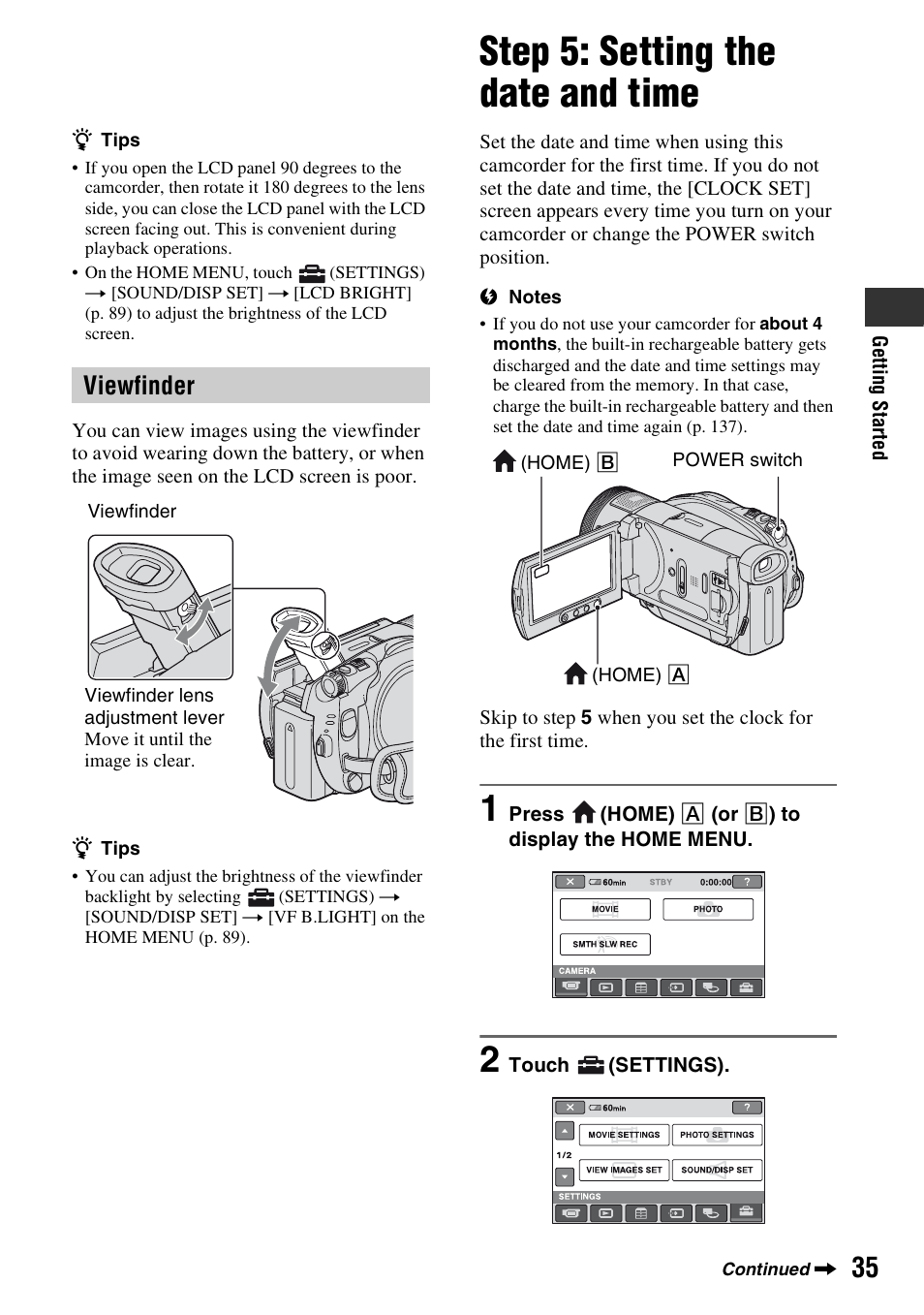 Step 5: setting the date and time, Viewfinder | Sony HDR-UX1 User Manual | Page 35 / 155