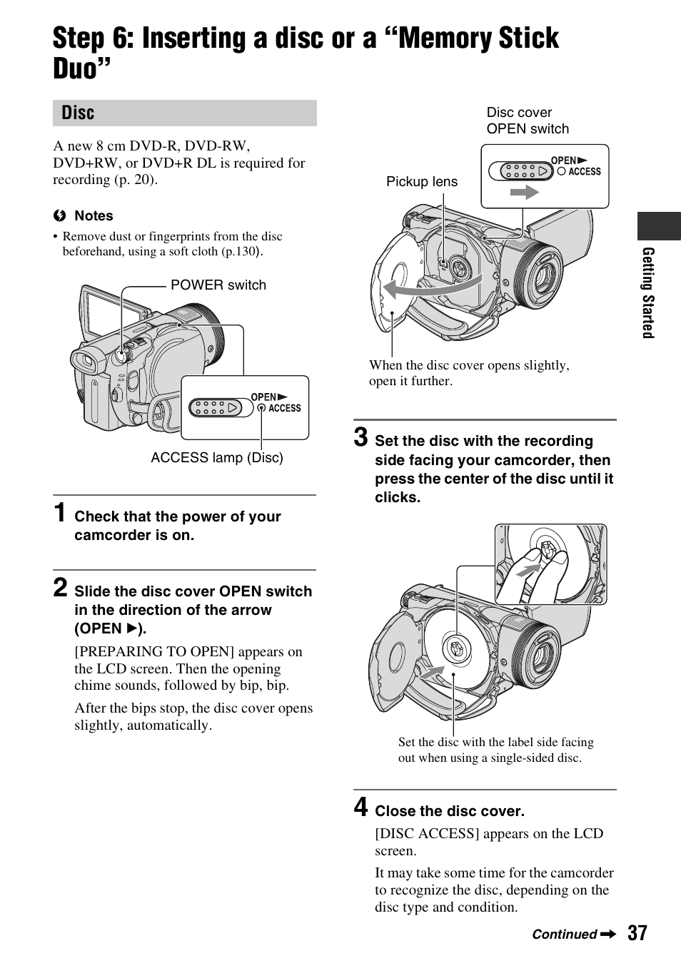 Step 6: inserting a disc or a “memory stick duo, P. 37), P. 37 | R (p. 37), Disc | Sony HDR-UX1 User Manual | Page 37 / 155