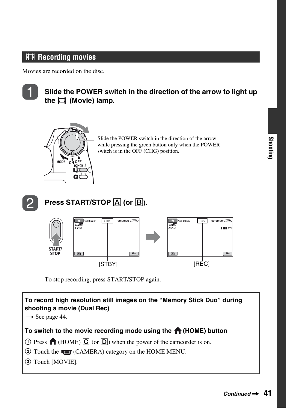 Ovie (p. 41), Recording movies | Sony HDR-UX1 User Manual | Page 41 / 155