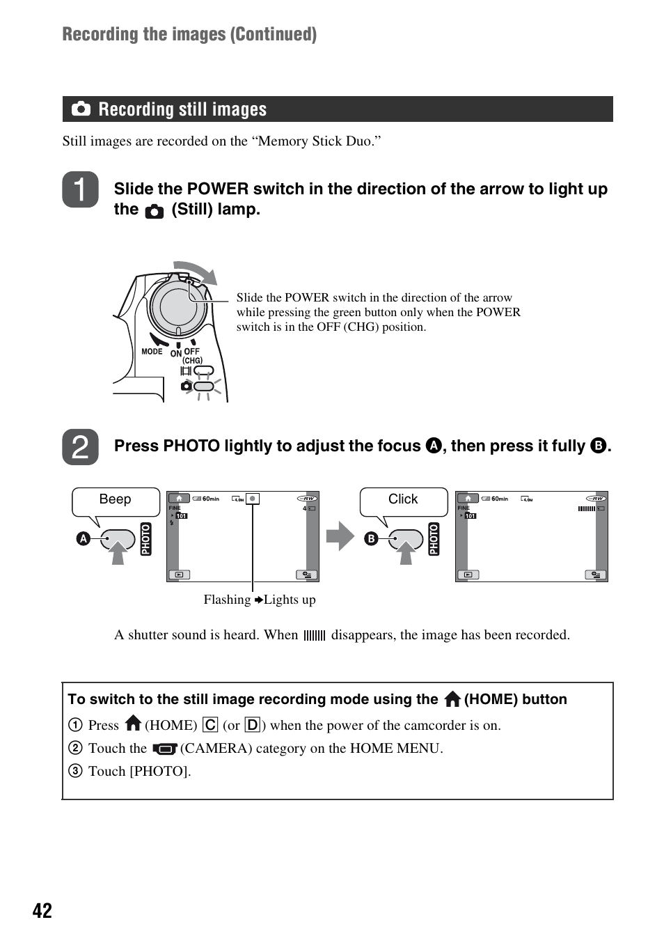 Photo (p. 42), Recording the images (continued), Recording still images | Sony HDR-UX1 User Manual | Page 42 / 155