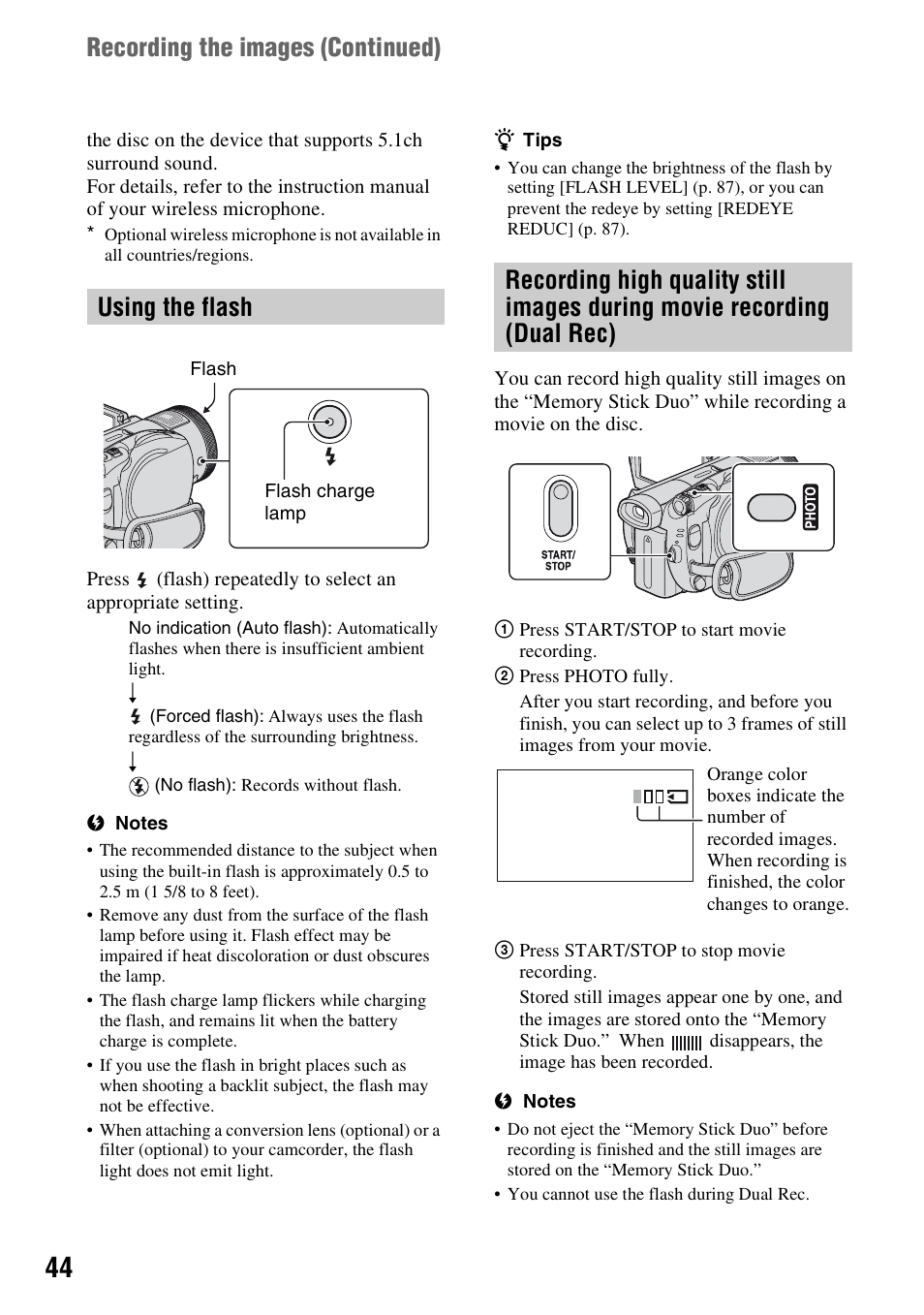 Using the flash, Recording the images (continued) | Sony HDR-UX1 User Manual | Page 44 / 155