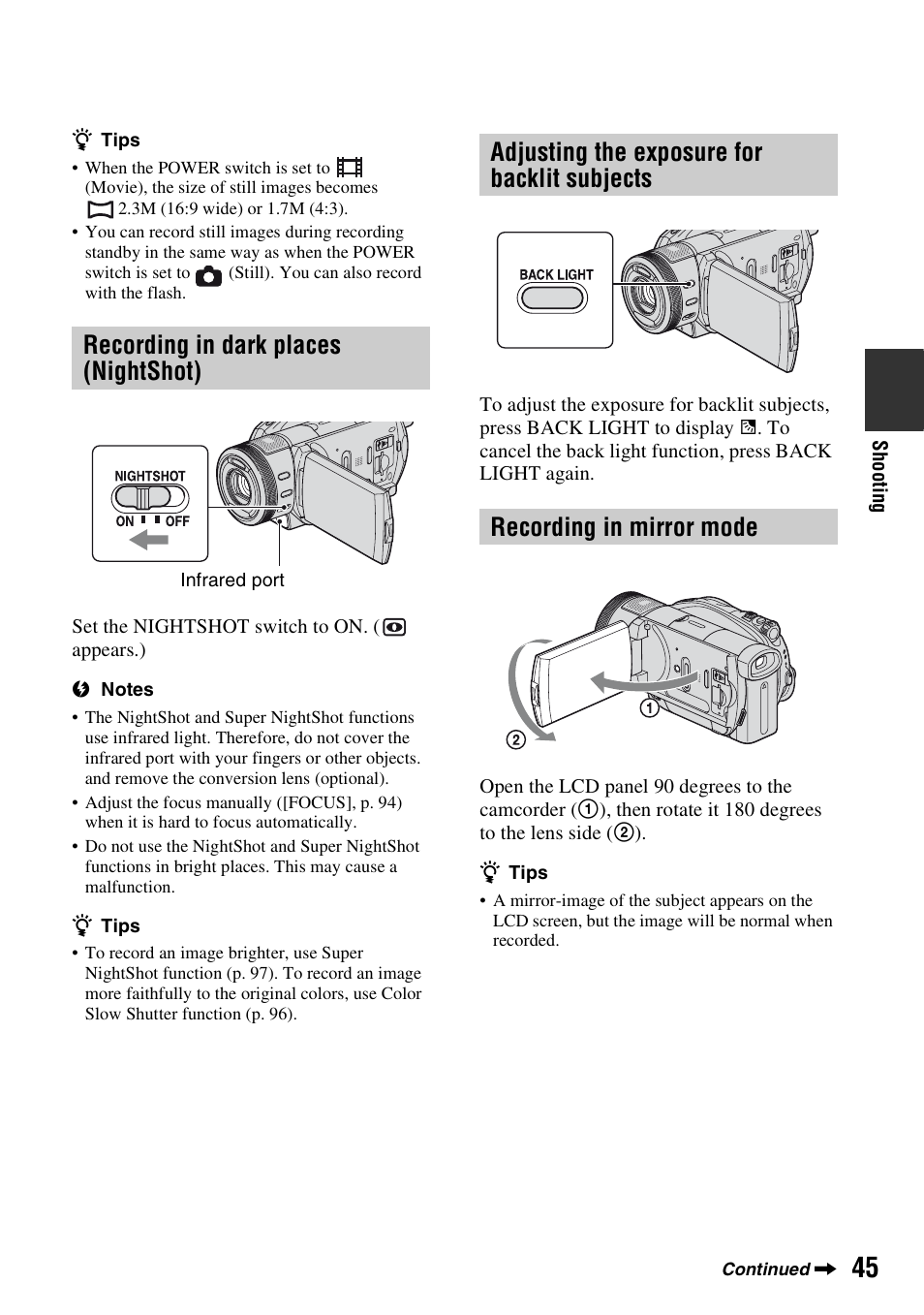 Recording in dark places (nightshot), Adjusting the exposure for backlit subjects, Recording in mirror mode | Sony HDR-UX1 User Manual | Page 45 / 155