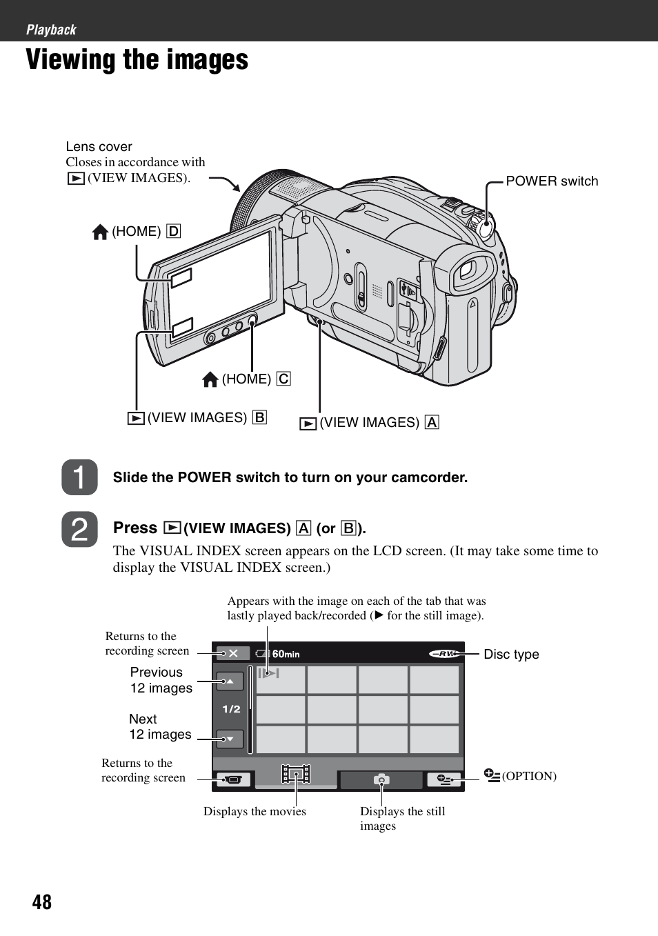 Playback, Viewing the images | Sony HDR-UX1 User Manual | Page 48 / 155