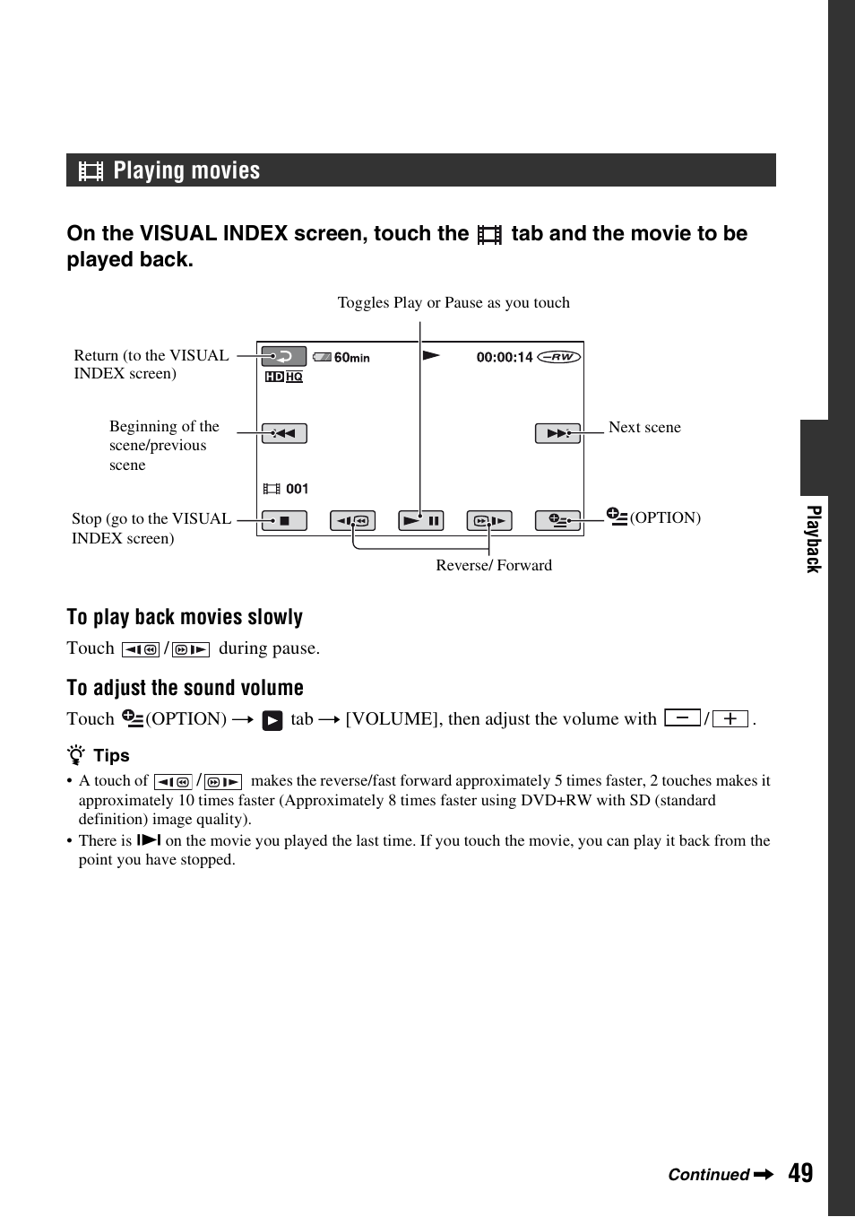 Playing movies | Sony HDR-UX1 User Manual | Page 49 / 155