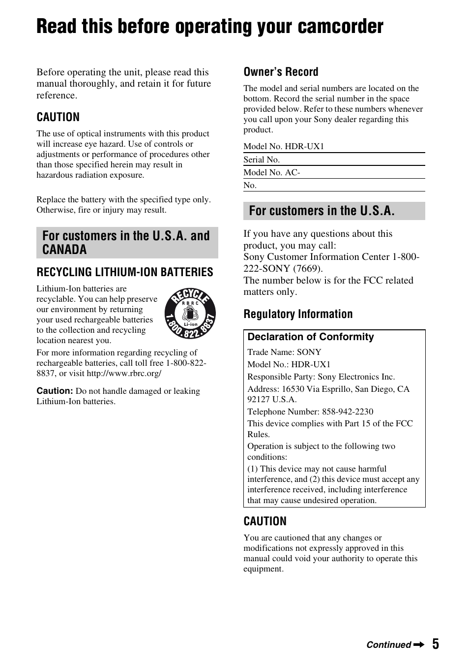 Read this before operating your camcorder, For customers in the u.s.a. and canada, For customers in the u.s.a | Sony HDR-UX1 User Manual | Page 5 / 155