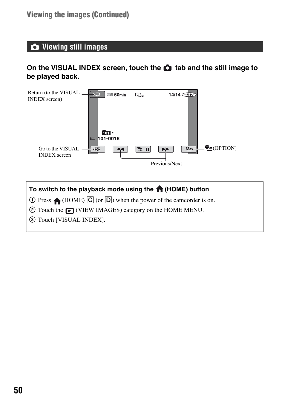 Visual index (p. 50), Viewing the images (continued), Viewing still images | Sony HDR-UX1 User Manual | Page 50 / 155