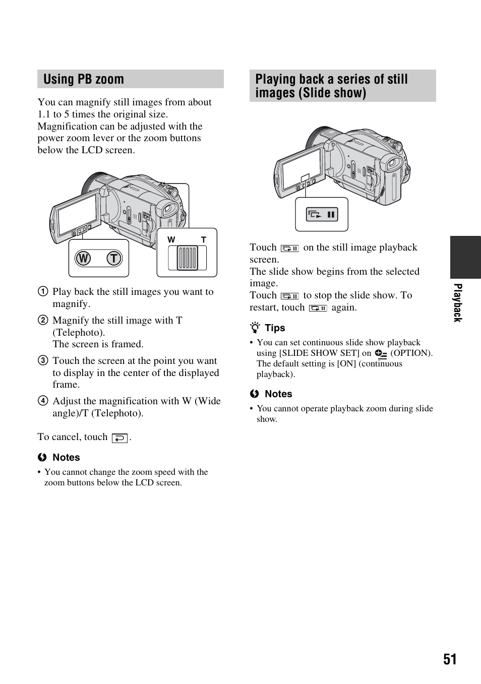 Using pb zoom, Playing back a series of still images (slide show) | Sony HDR-UX1 User Manual | Page 51 / 155