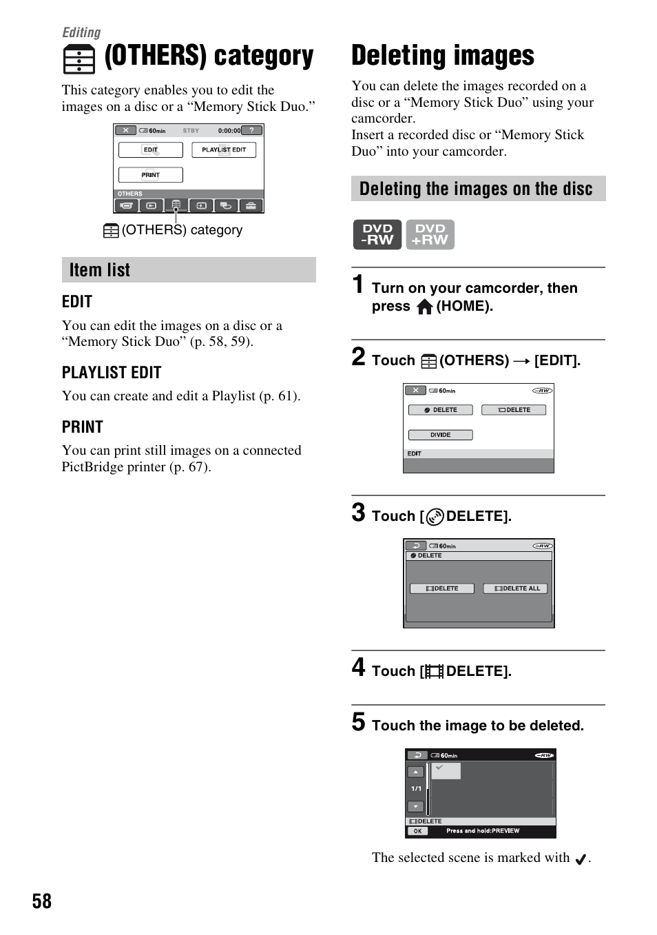 Editing, Others) category, Deleting images | Others), Category, P. 58 | Sony HDR-UX1 User Manual | Page 58 / 155