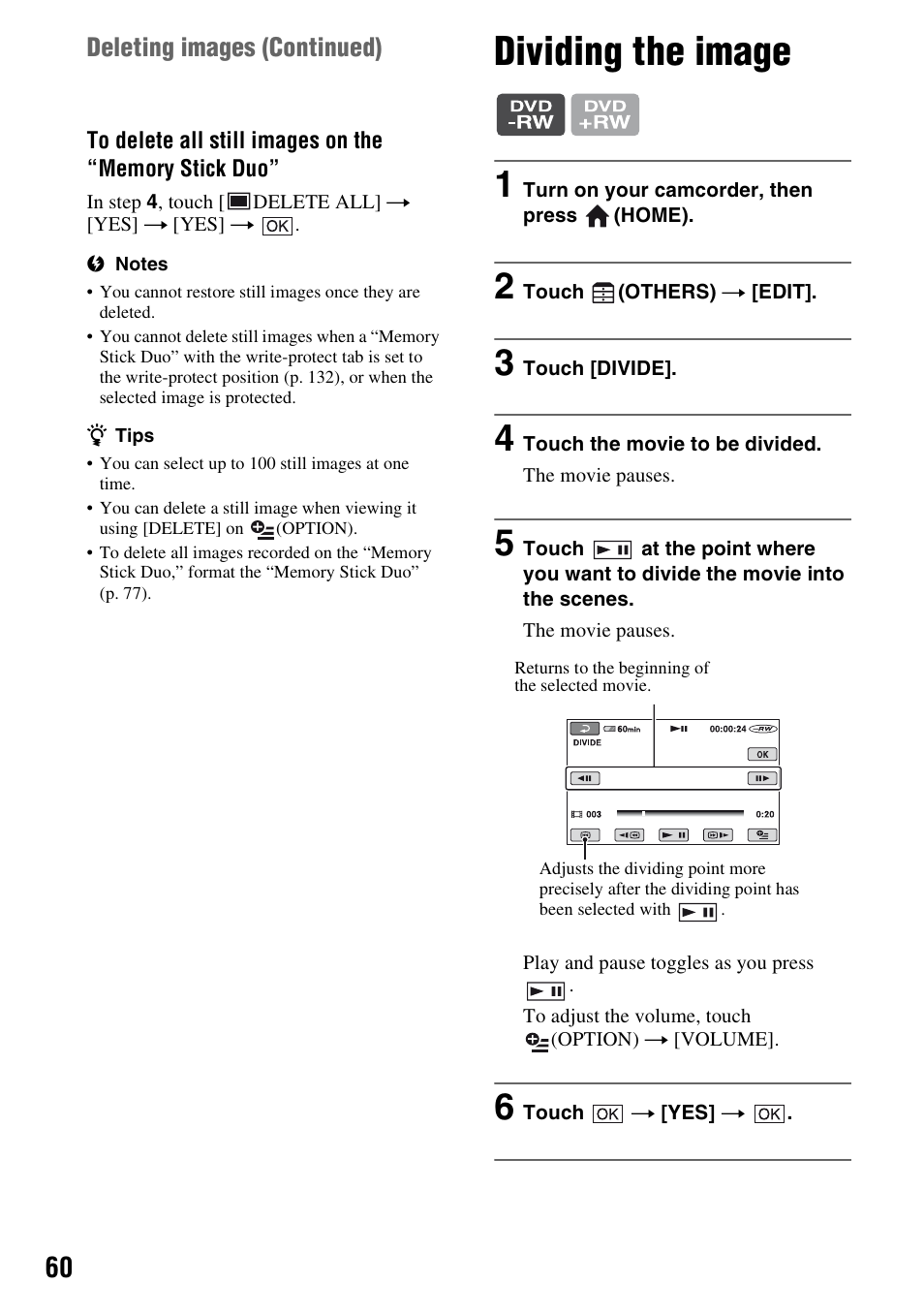 Dividing the image, Deleting images (continued) | Sony HDR-UX1 User Manual | Page 60 / 155