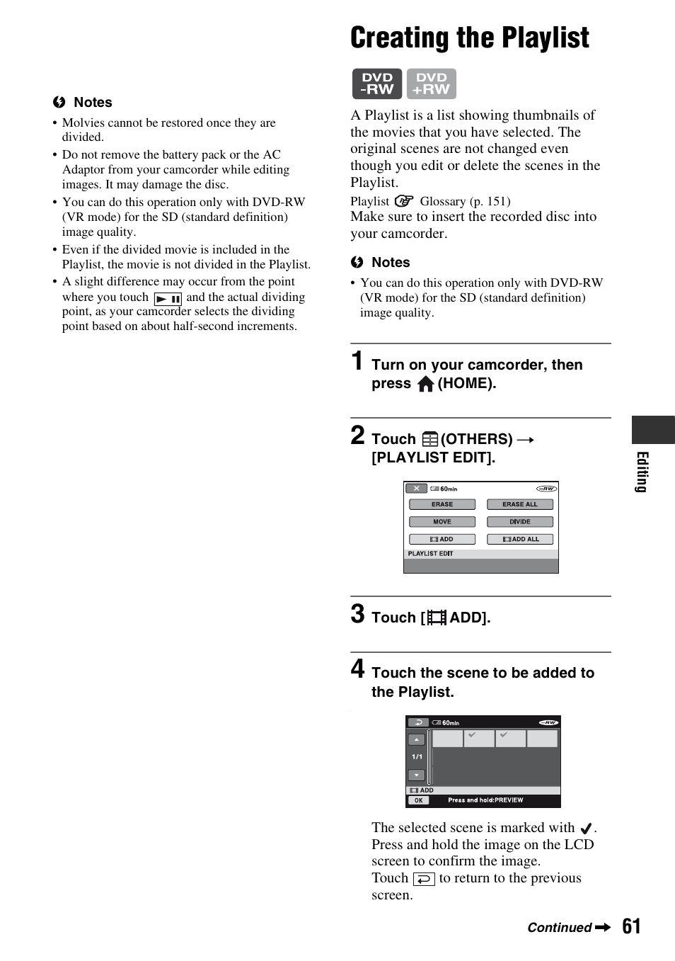 Creating the playlist, P. 61), T edit (p. 61) | Sony HDR-UX1 User Manual | Page 61 / 155