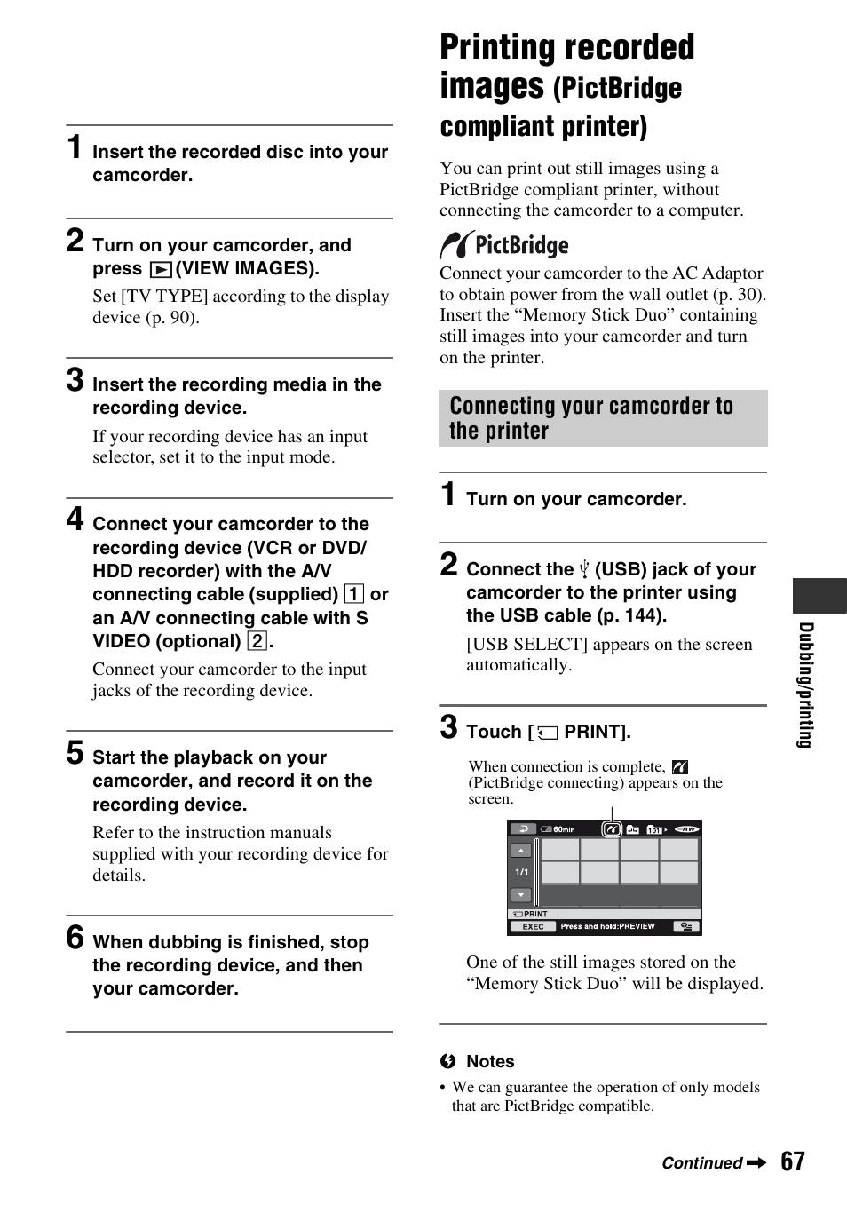 Print (p. 67, Printer (p. 67, E (1) (p. 67) | P. 67, R (p. 67), Printing recorded images, Pictbridge compliant printer) | Sony HDR-UX1 User Manual | Page 67 / 155