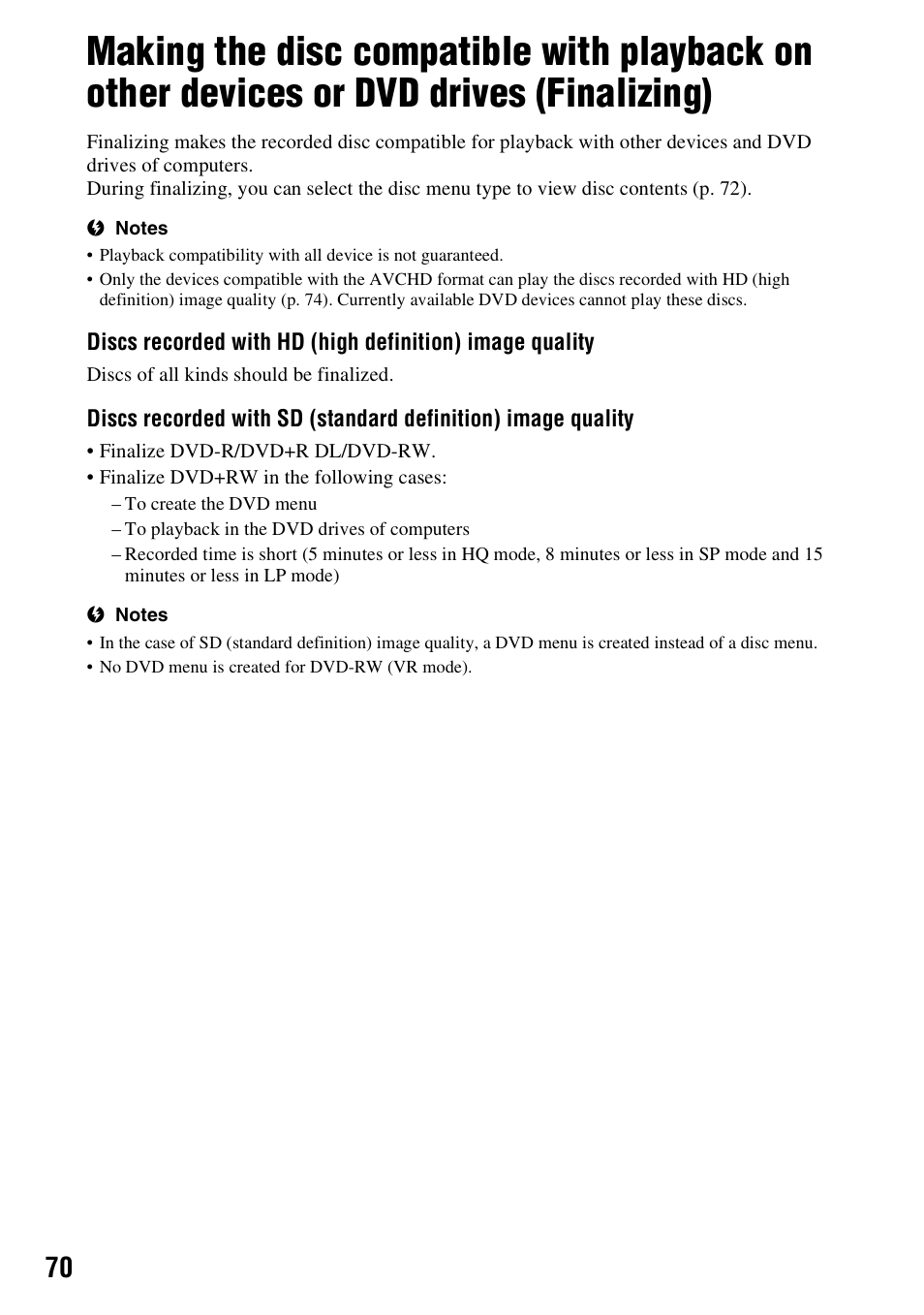 Finalizing), S (70), Finalize (p. 70) | P. 70) | Sony HDR-UX1 User Manual | Page 70 / 155