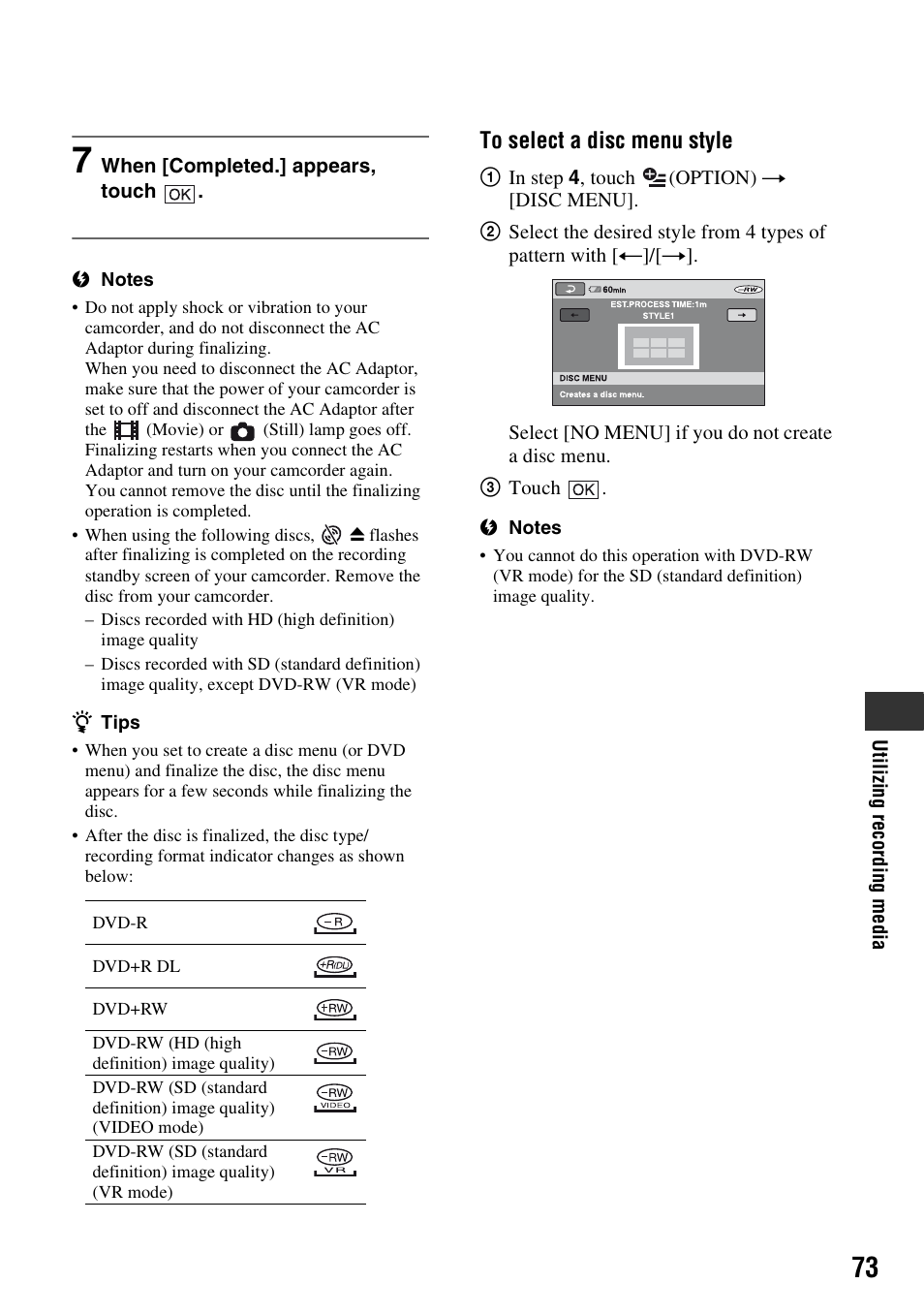 P. 73) | Sony HDR-UX1 User Manual | Page 73 / 155