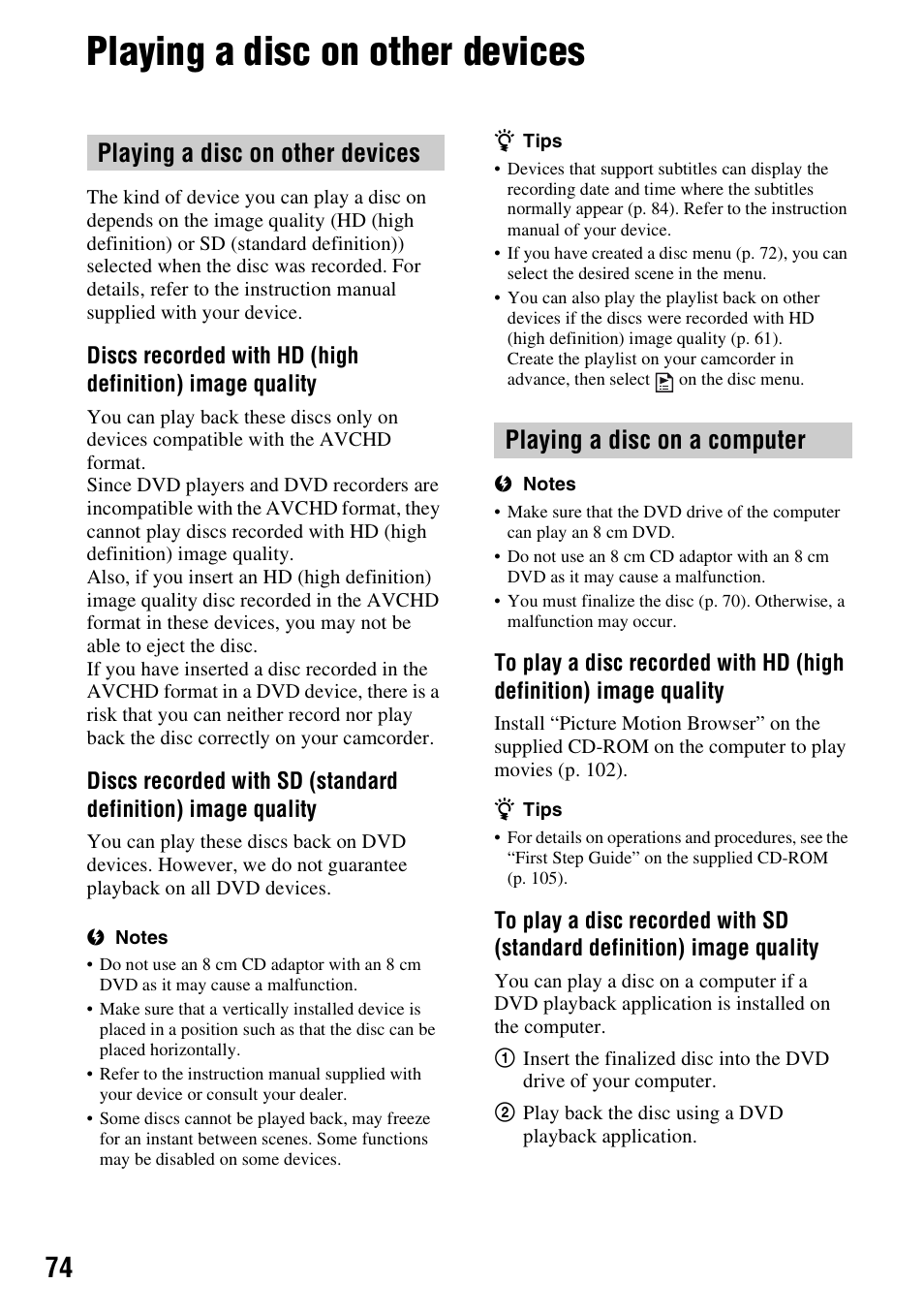 Playing a disc on other devices, P. 74) | Sony HDR-UX1 User Manual | Page 74 / 155